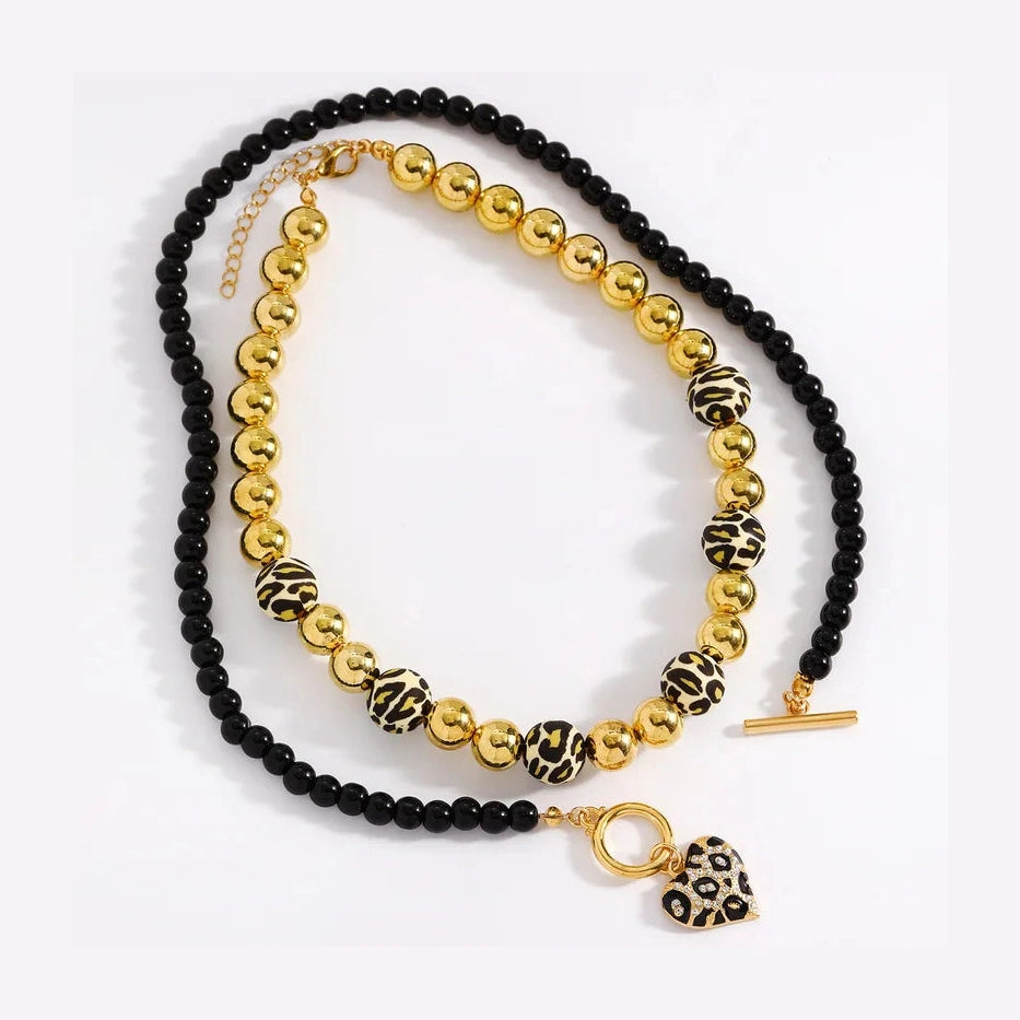 Leopard Print Double Layer Necklace With Gold Beaded Chain And Glass Beading Featuring Rhinestone Inlay