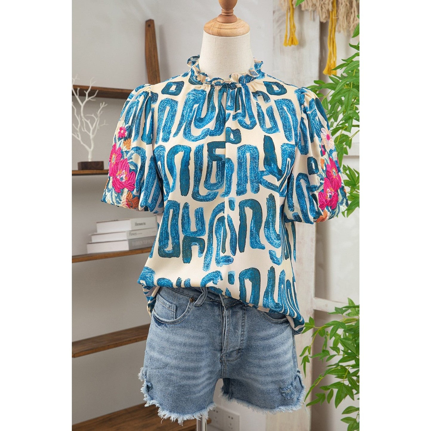Lex Blue Embroidered Puff Sleeve Frilled Neck Printed Top