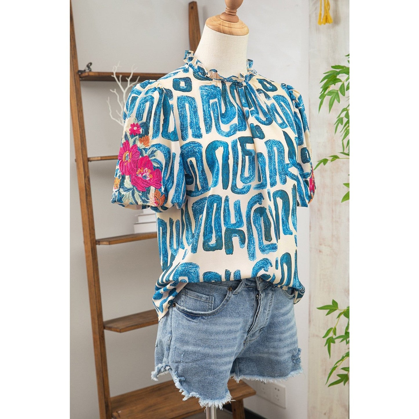 Lex Blue Embroidered Puff Sleeve Frilled Neck Printed Top