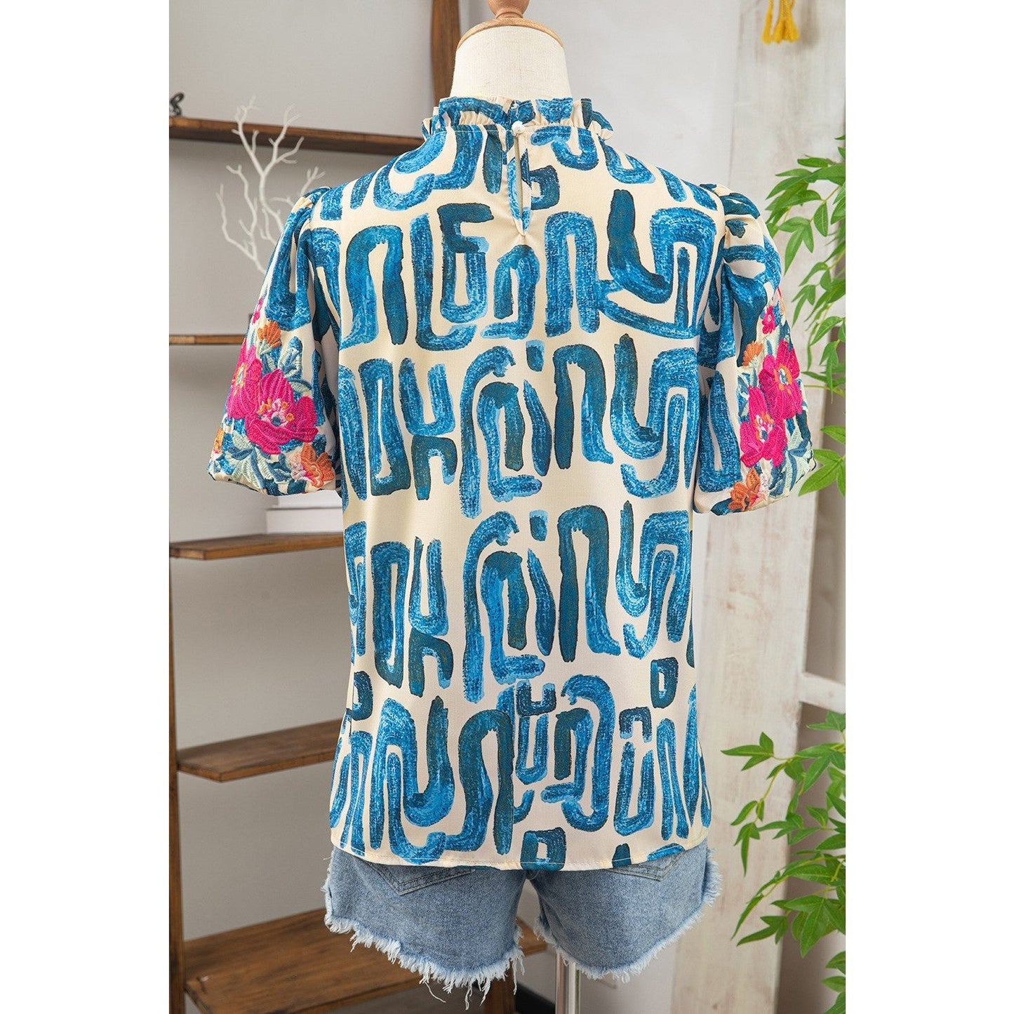 Lex Blue Embroidered Puff Sleeve Frilled Neck Printed Top