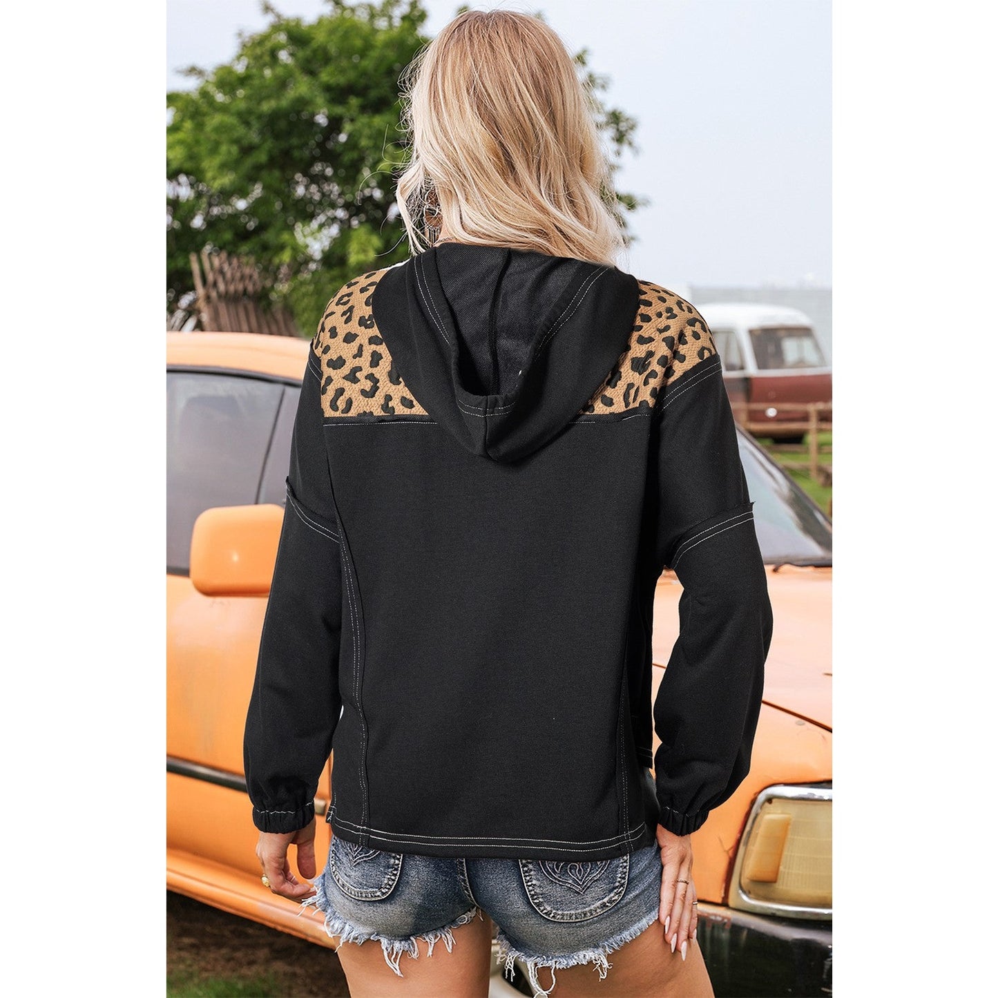 Liandra Brown Leopard Patchwork Contrast Stitching Knotted Cuff Quarter Zip Hoodie