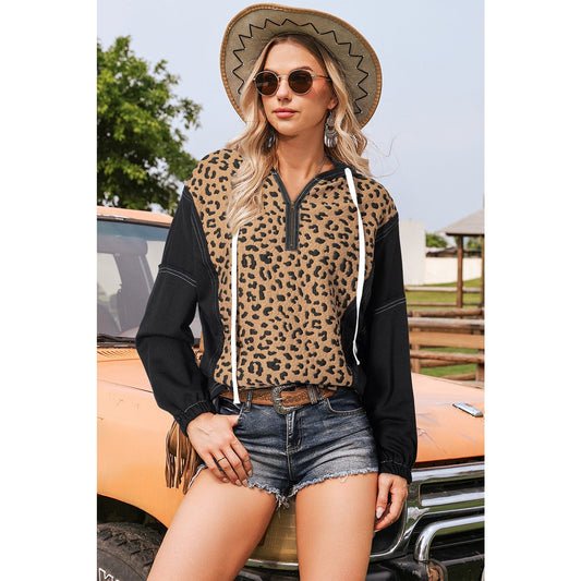 Liandra Brown Leopard Patchwork Contrast Stitching Knotted Cuff Quarter Zip Hoodie