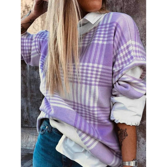 RTS Lilac Plaid Print Ribbed Trim Loose Sweater