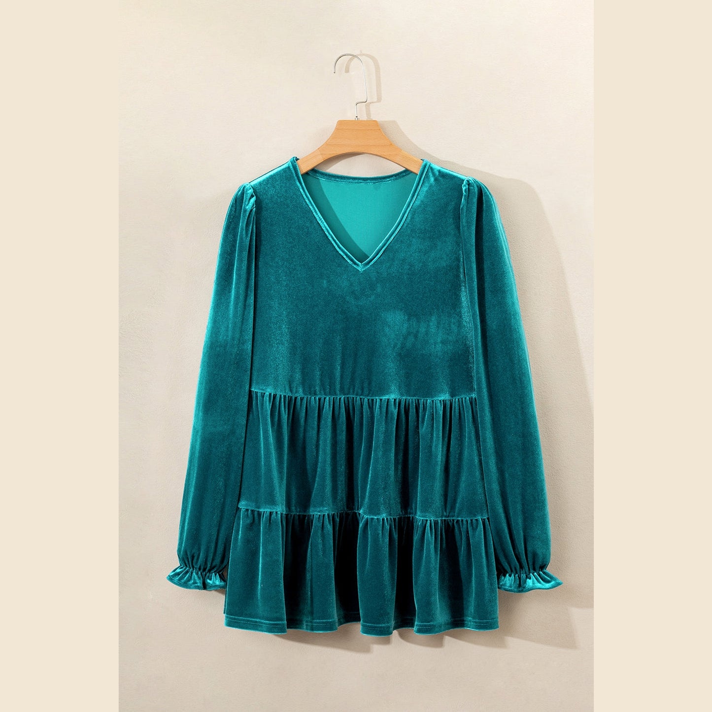RTS Lillian Sea Green Velvet V Neck Peplum Hem Puff Sleeve Blouse