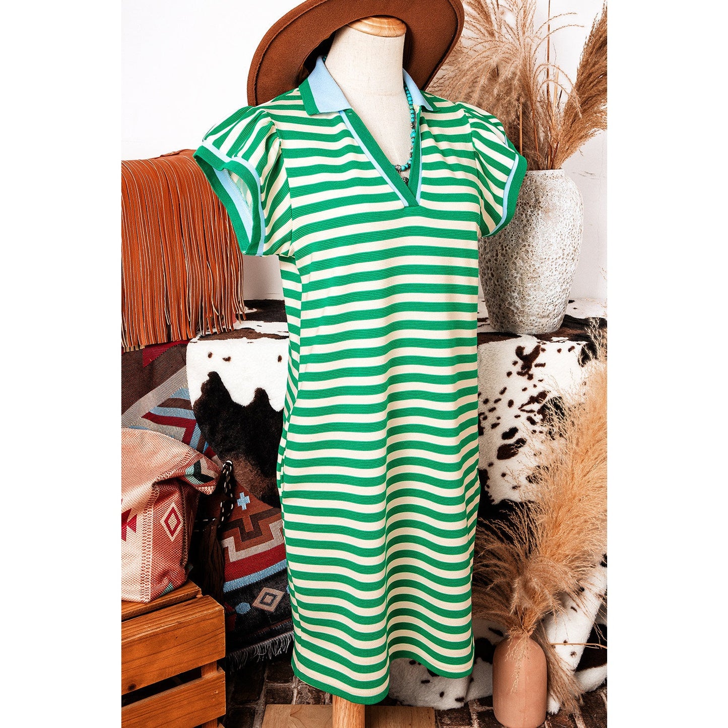 Lilybeth Green Stripe Print Contrast Collar Split Neck Flutter Sleeve Short Dress