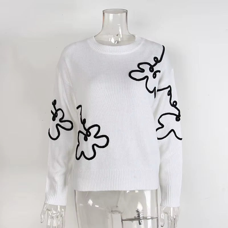 Lorenda White Floral Pattern Drop Shoulder Sweater