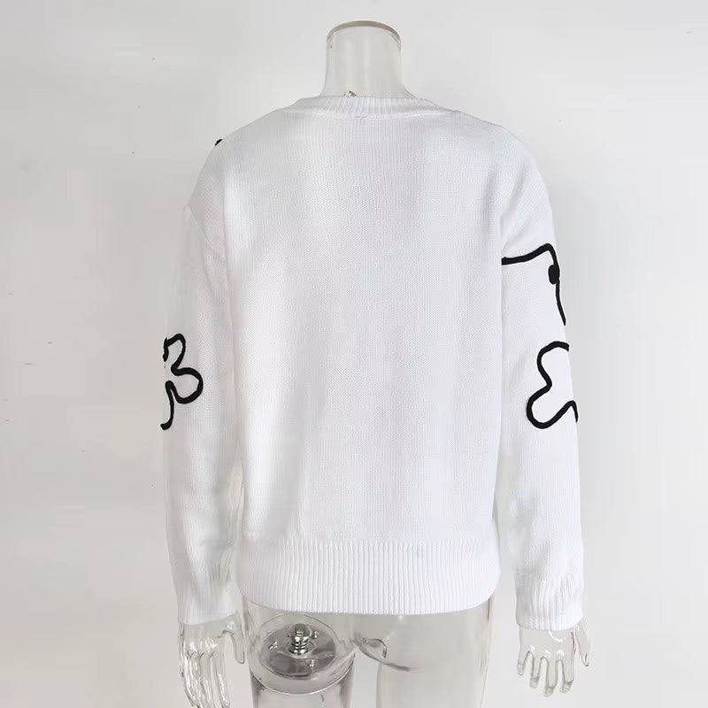 Lorenda White Floral Pattern Drop Shoulder Sweater