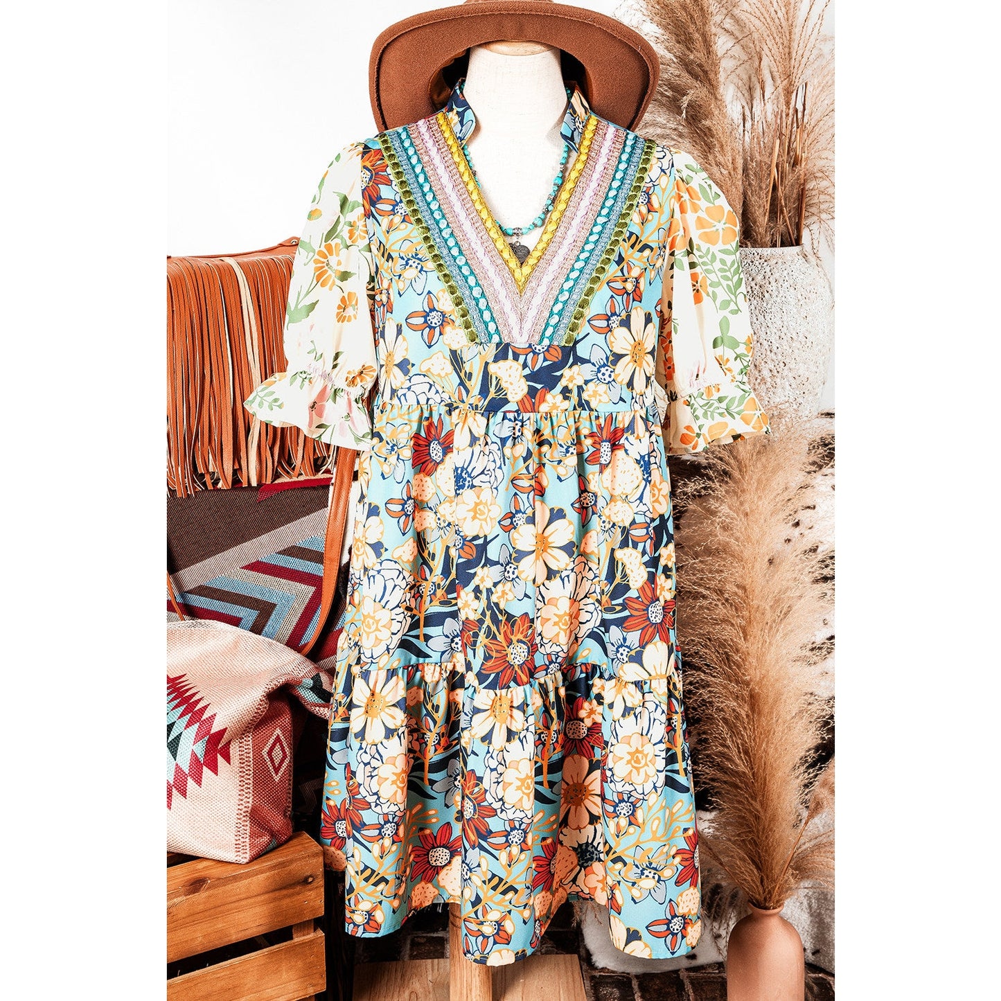 Luciana Multicolour Boho Floral Print Crochet Patchwork V Neck Loose Mini Dress