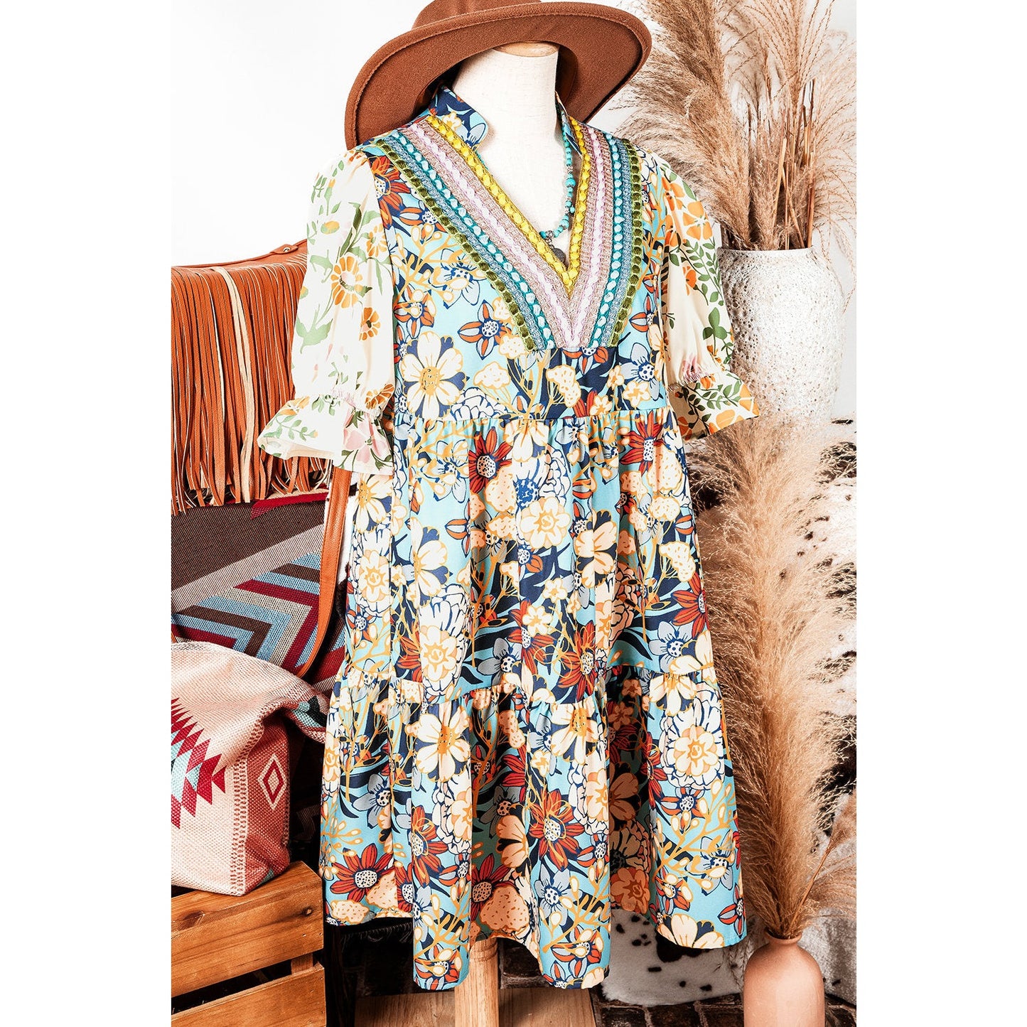 Luciana Multicolour Boho Floral Print Crochet Patchwork V Neck Loose Mini Dress