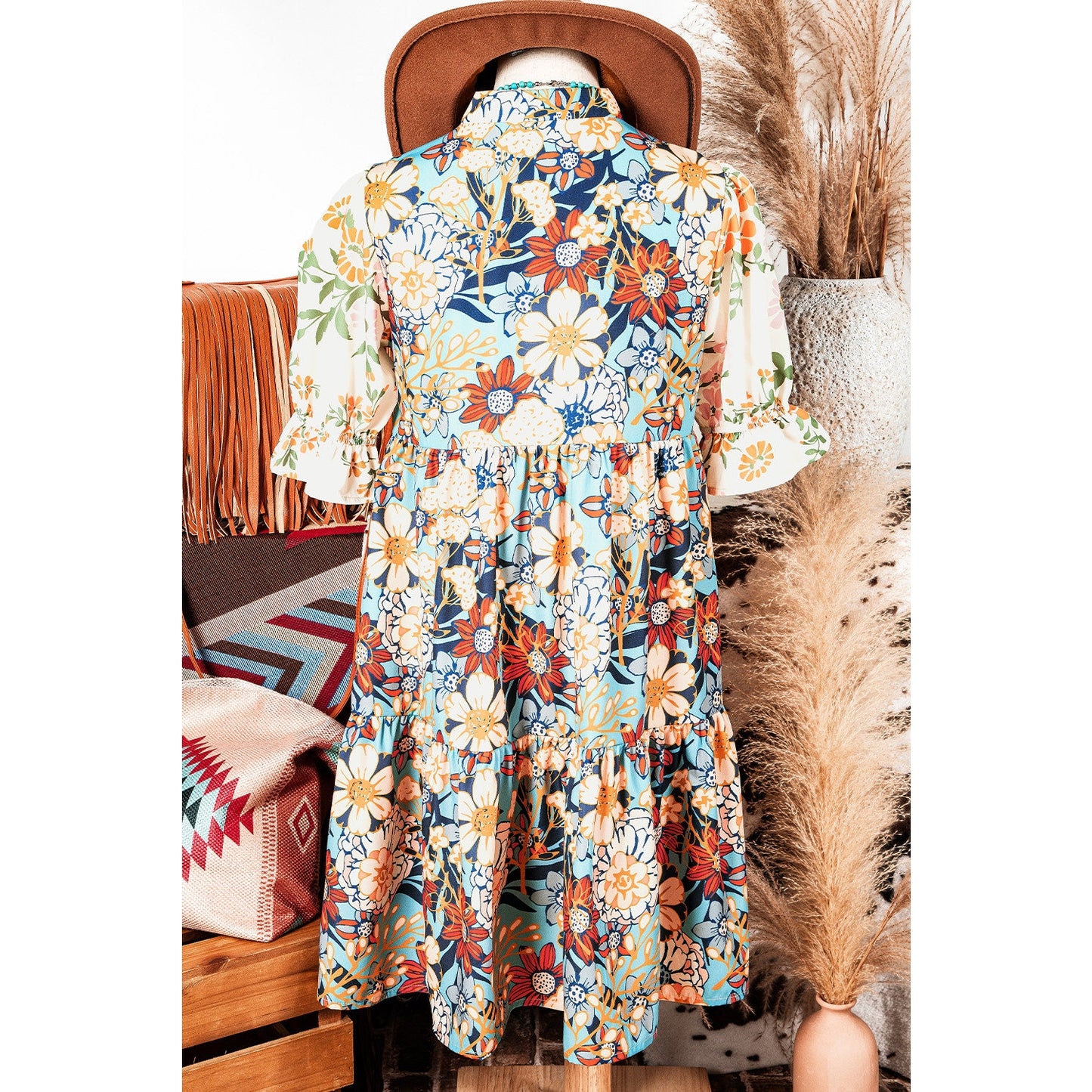 Luciana Multicolour Boho Floral Print Crochet Patchwork V Neck Loose Mini Dress