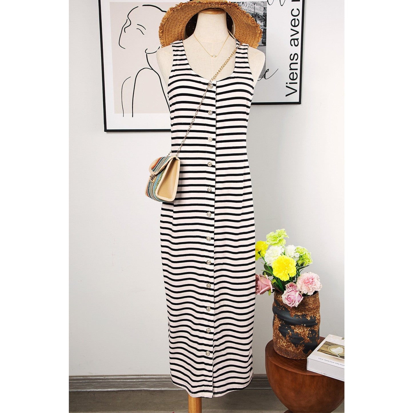 REDUCED!!! Lydie White Striped Print Sleeveless Buttoned Maxi Dress REDUCED!!!