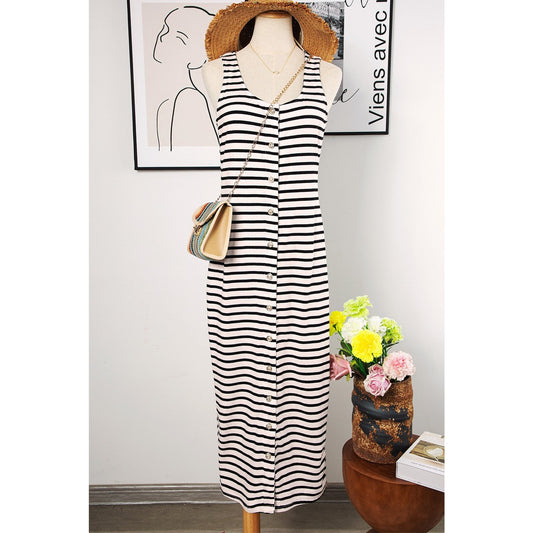 REDUCED!!!  Lydie White Striped Print Sleeveless Buttoned Maxi Dress  REDUCED!!!
