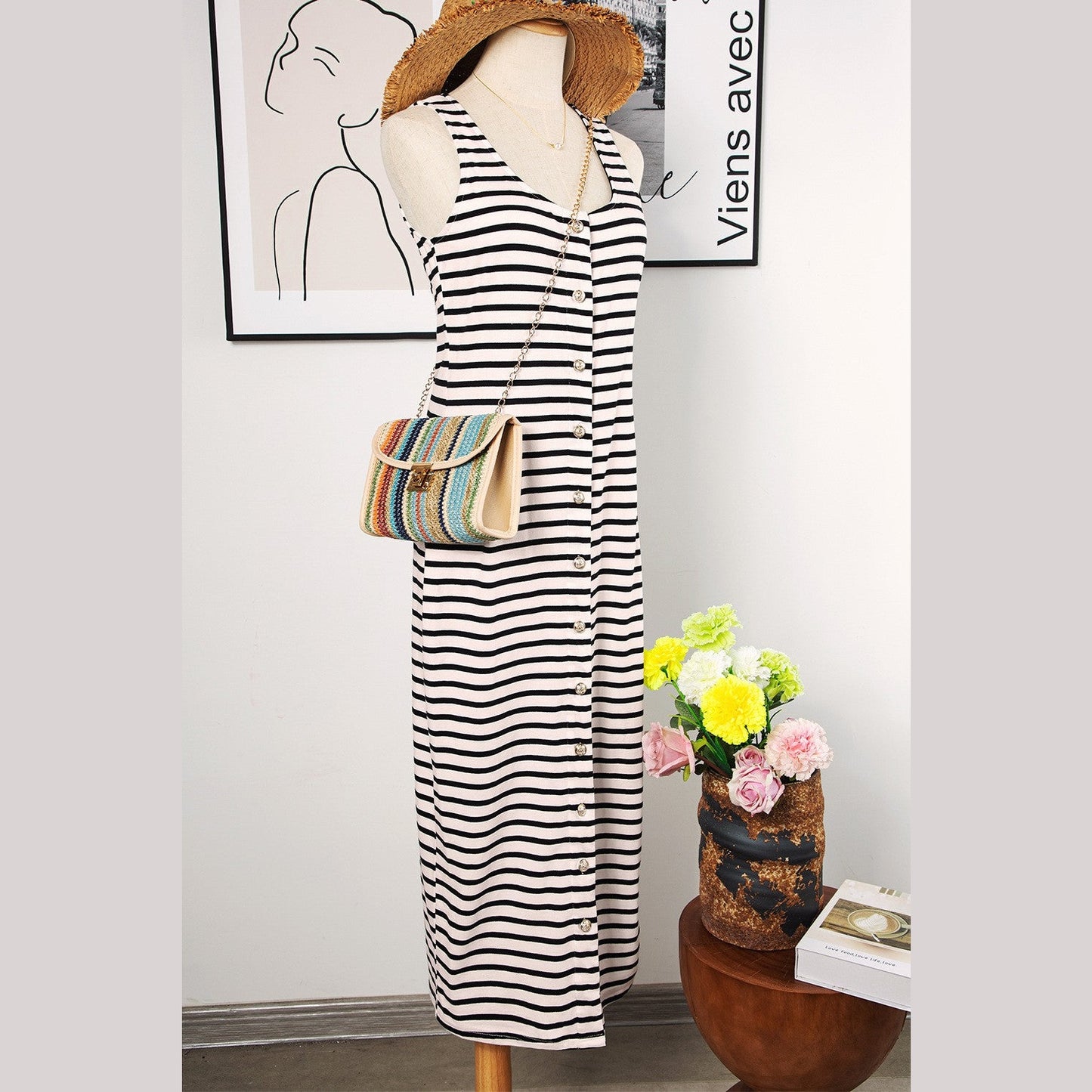 REDUCED!!! Lydie White Striped Print Sleeveless Buttoned Maxi Dress REDUCED!!!