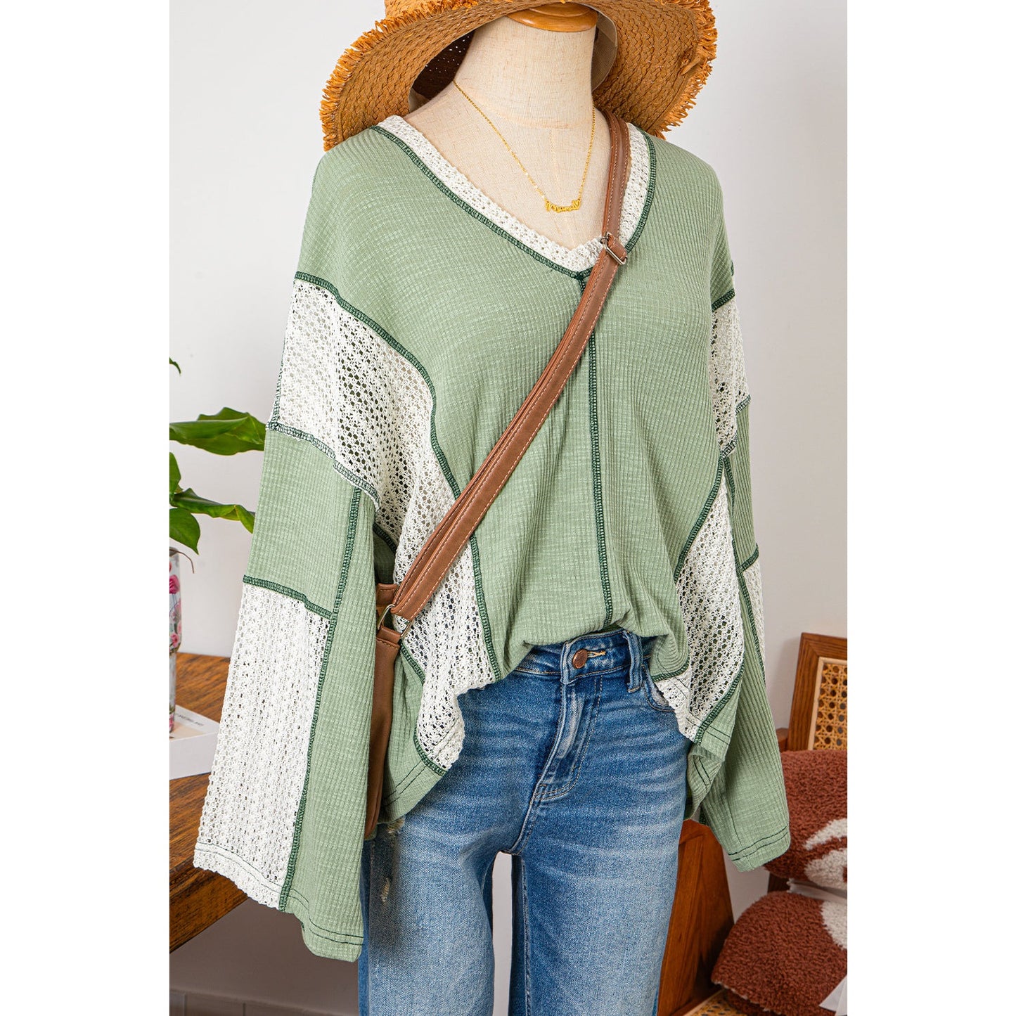 Mandee Grass Green Crochet Detail Exposed Seam High Low Loose Top