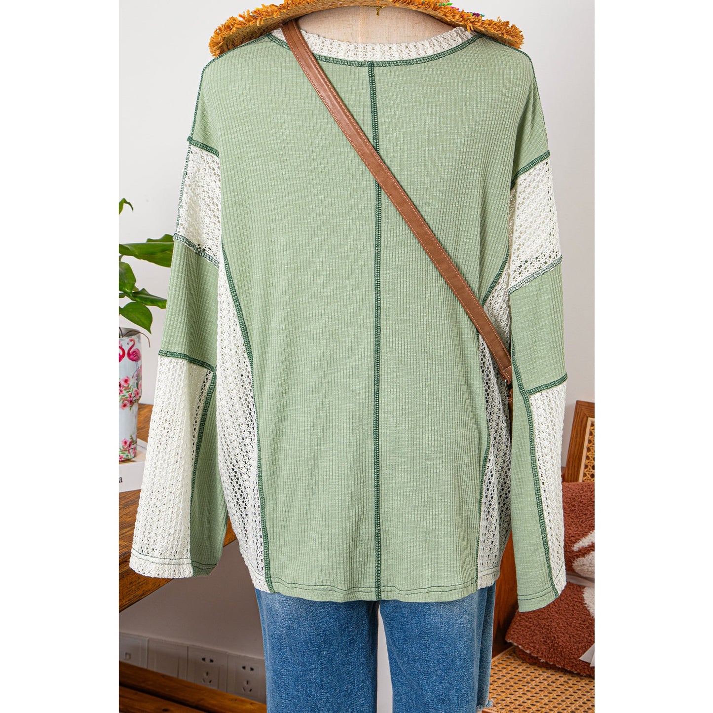 Mandee Grass Green Crochet Detail Exposed Seam High Low Loose Top