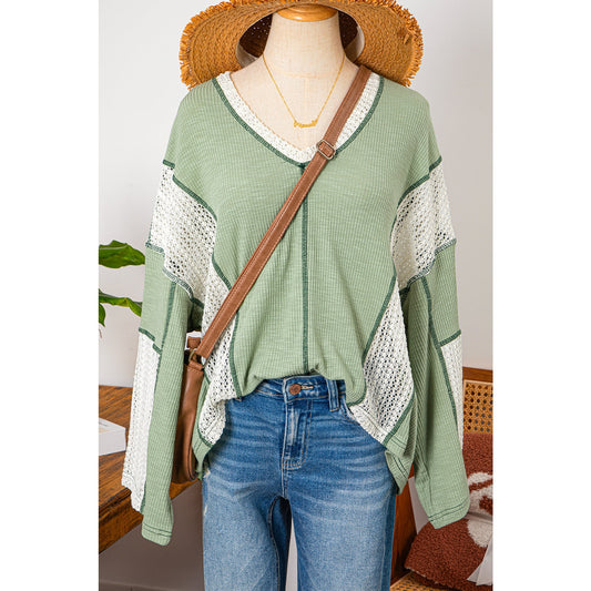Mandee Grass Green Crochet Detail Exposed Seam High Low Loose Top
