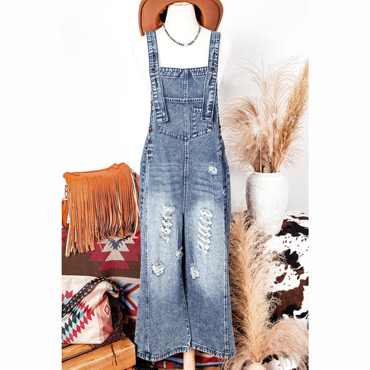 Mackie Stone Blue Distressed Bib Pocket Wide Leg Denim Overall