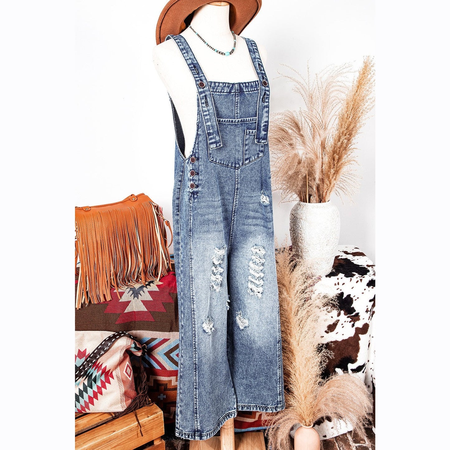 Mackie Stone Blue Distressed Bib Pocket Wide Leg Denim Overall