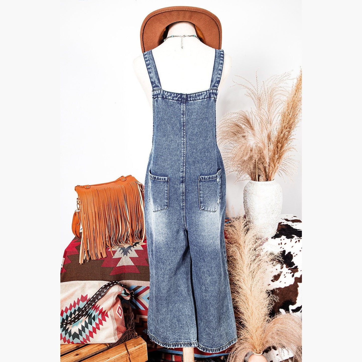 Mackie Stone Blue Distressed Bib Pocket Wide Leg Denim Overall