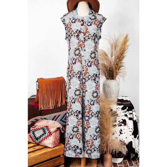 Maralie Sky Blue Floral Sleeveless Buttoned Pocketed Wide Leg Jumpsuit