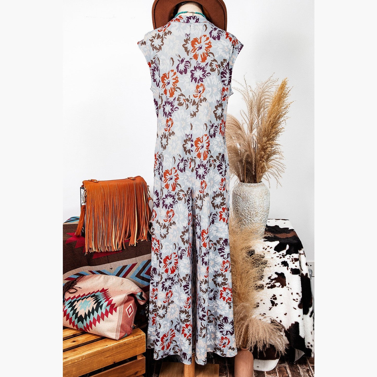 Maralie Sky Blue Floral Sleeveless Buttoned Pocketed Wide Leg Jumpsuit