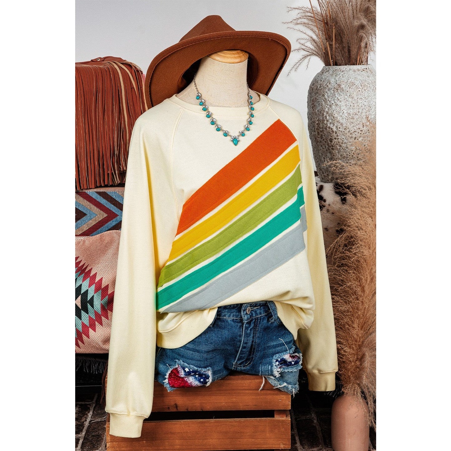 Mari Apricot Rainbow Colorblock Striped Pullover Sweatshirt