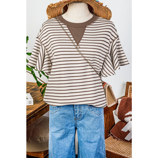 Maritsa Brown Contrast Detail Striped Ruffle Short Sleeve Top