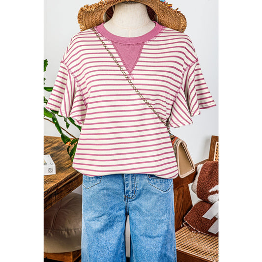 Maritsa Pink Contrast Detail Striped Ruffle Short Sleeve Top