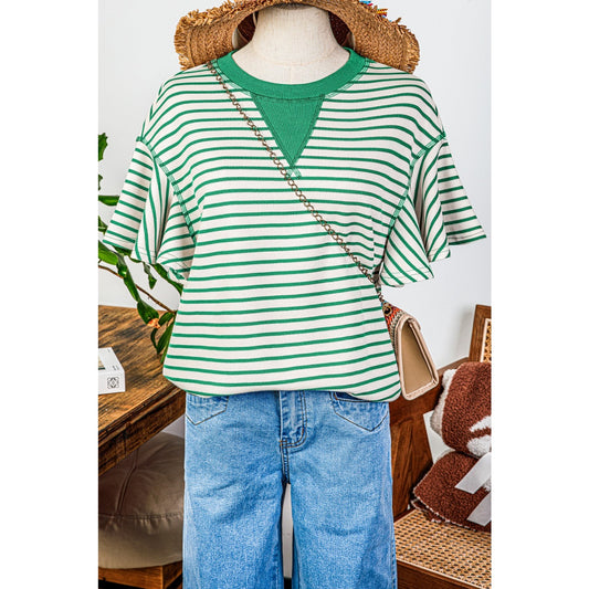 Maritsa Green Contrast Detail Striped Ruffle Short Sleeve Top