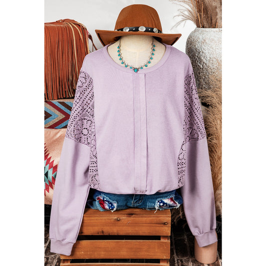 Marla Orchid Petal Knit Crochet Exposed Seam Ribbed Trim Sweatshirt