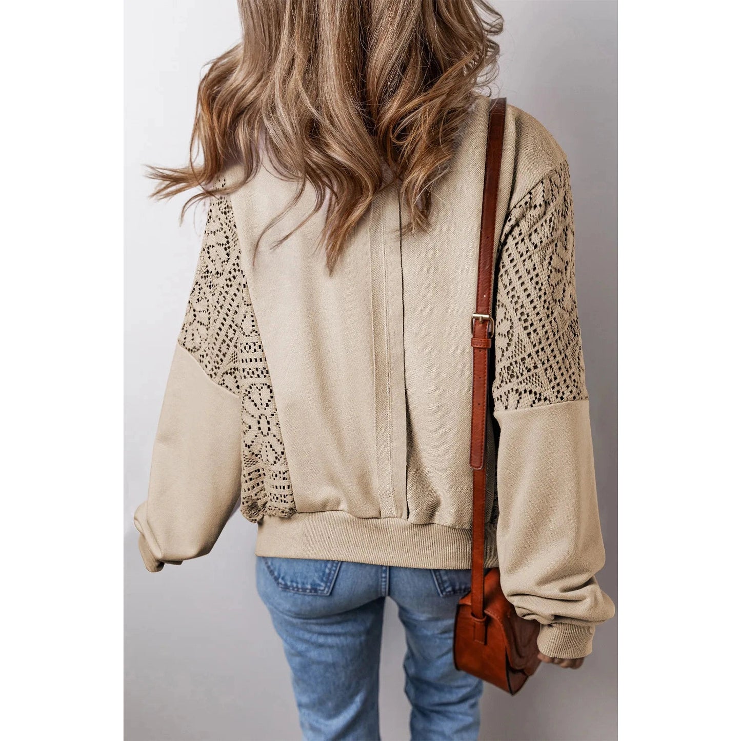 Marla Parchment Knit Crochet Exposed Seam Ribbed Trim Sweatshirt