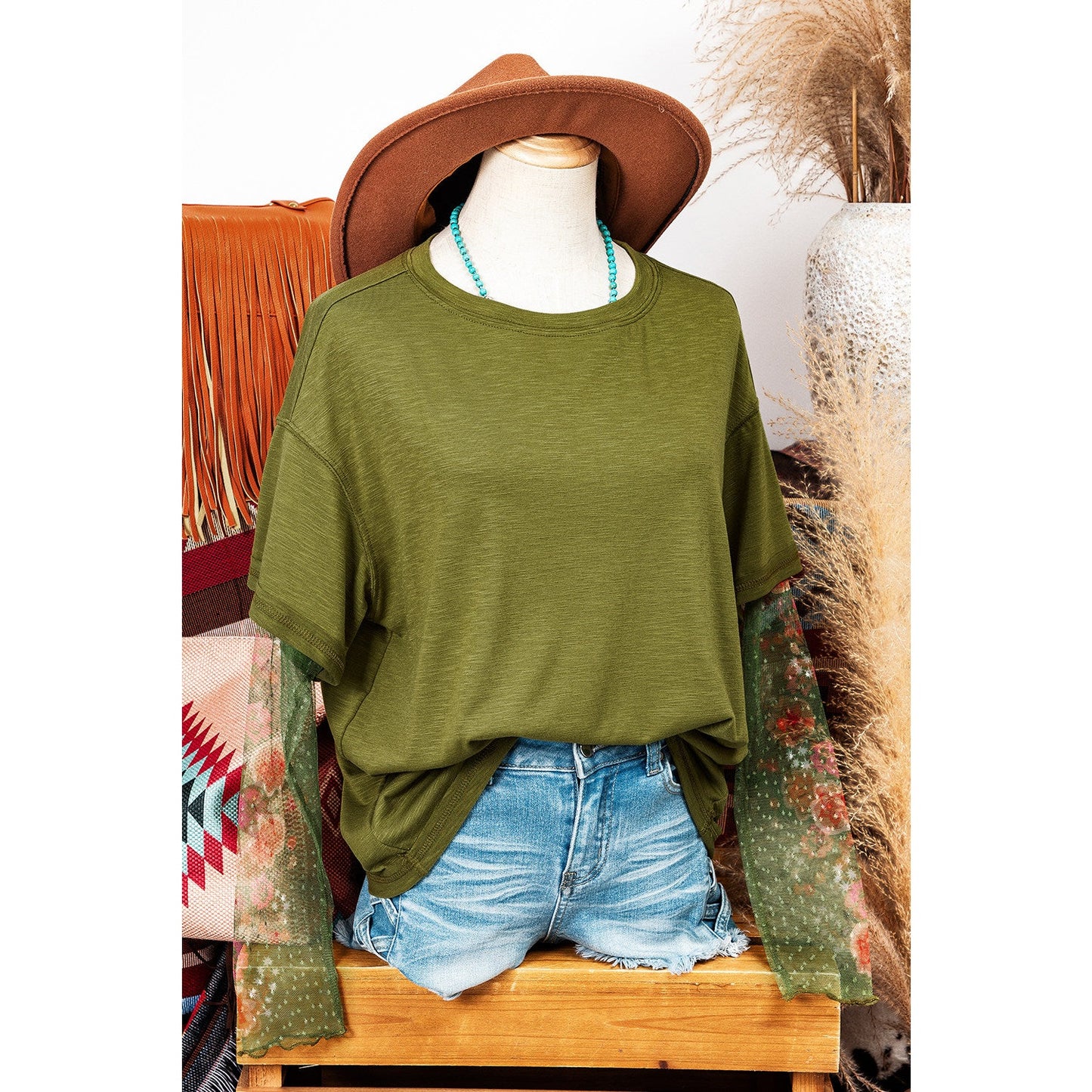 REDUCED!!! Marloe Green Faux Two Piece Floral Long Sleeve Patchwork Tee REDUCED!!!