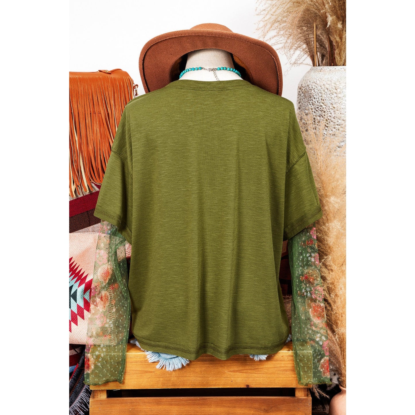 REDUCED!!! Marloe Green Faux Two Piece Floral Long Sleeve Patchwork Tee REDUCED!!!