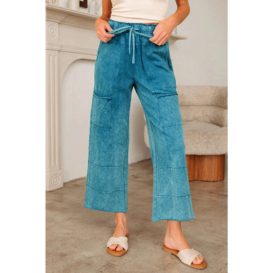 Mary Pat Teal Mineral Wash Lace-up High Waist Raw Hem Patched Pocket Pants