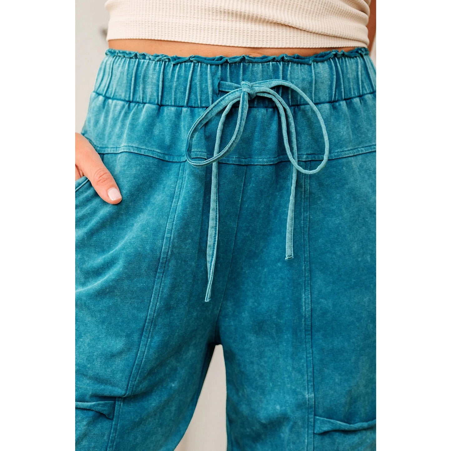 Mary Pat Teal Mineral Wash Lace-up High Waist Raw Hem Patched Pocket Pants
