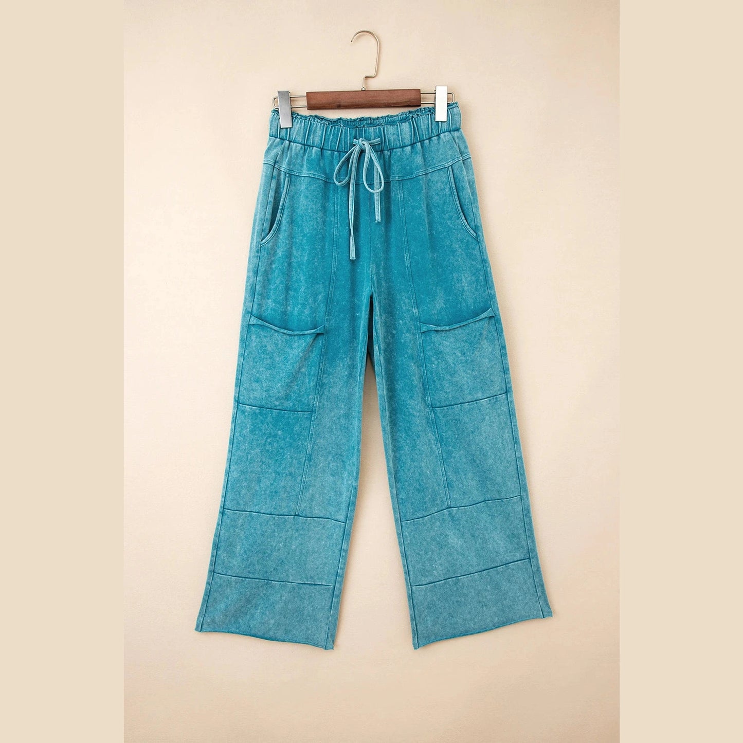 Mary Pat Teal Mineral Wash Lace-up High Waist Raw Hem Patched Pocket Pants