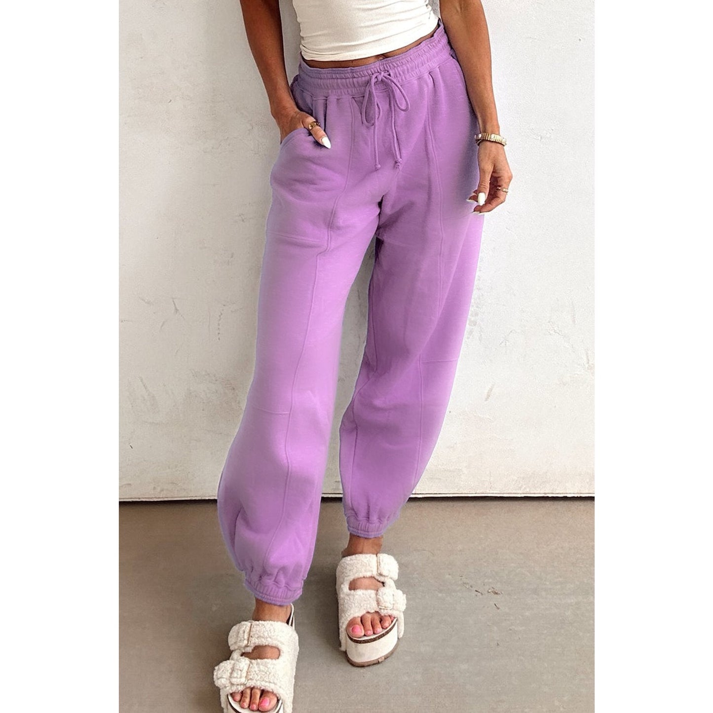 Mavie Lilac Drawstring Elastic Waistband Solid Color Jogger Pants