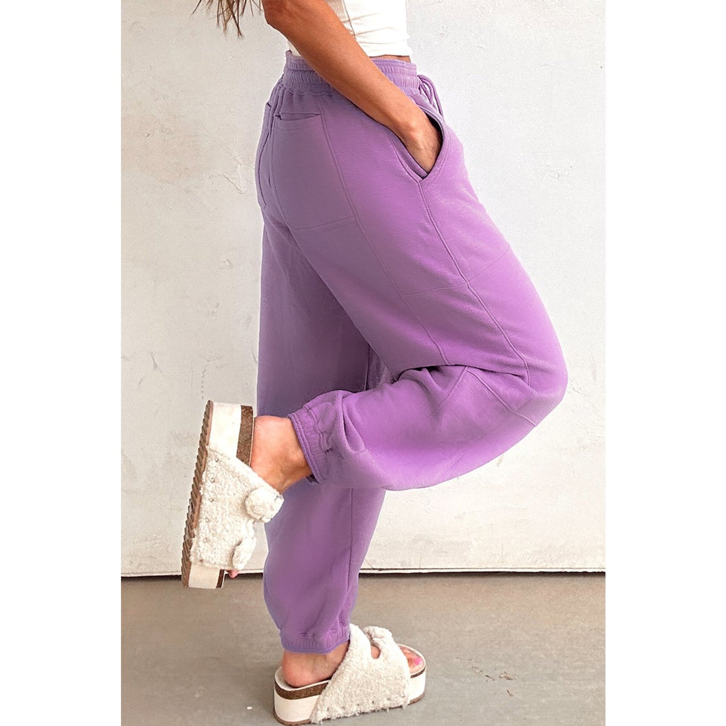 Mavie Lilac Drawstring Elastic Waistband Solid Color Jogger Pants
