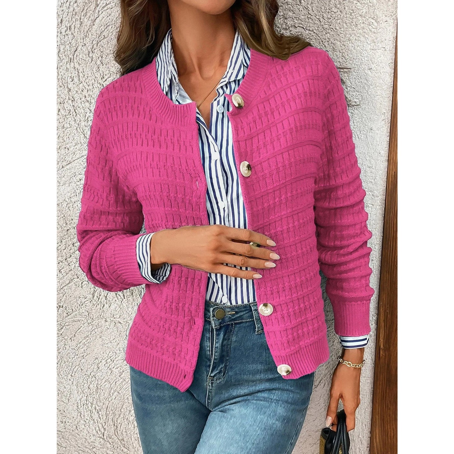 Maxie Pink Textured Knit Button Front Cardigan