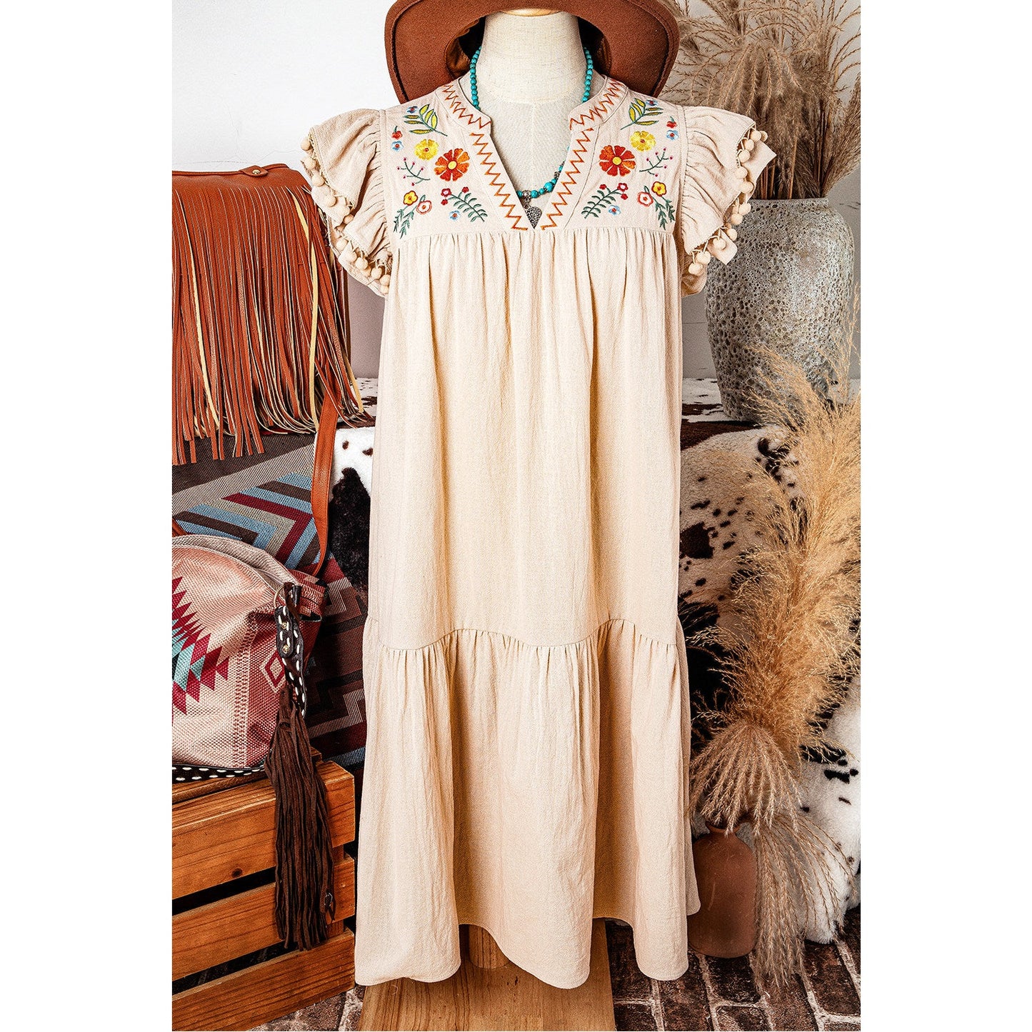 Maxine Linen Embroidery Split Neck Pom Pom Ruffle Sleeves Flowy Short Dress