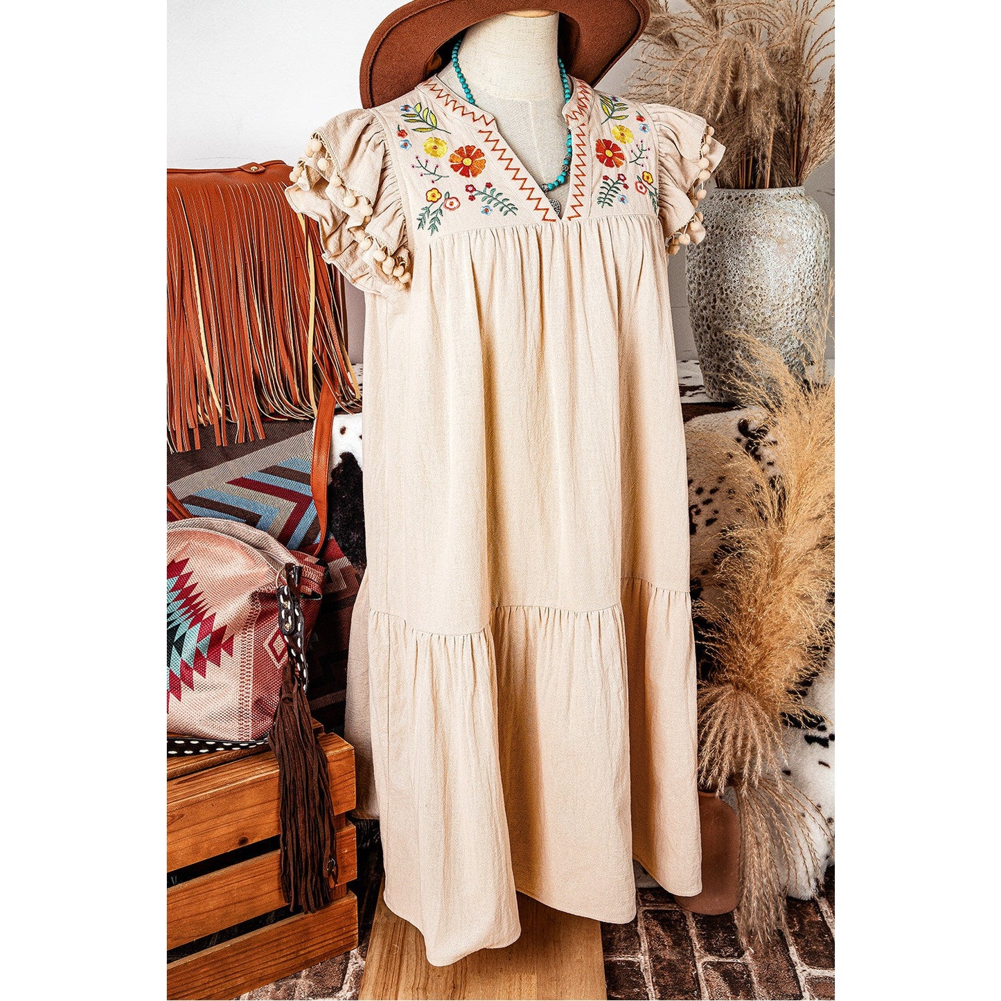 Maxine Linen Embroidery Split Neck Pom Pom Ruffle Sleeves Flowy Short Dress