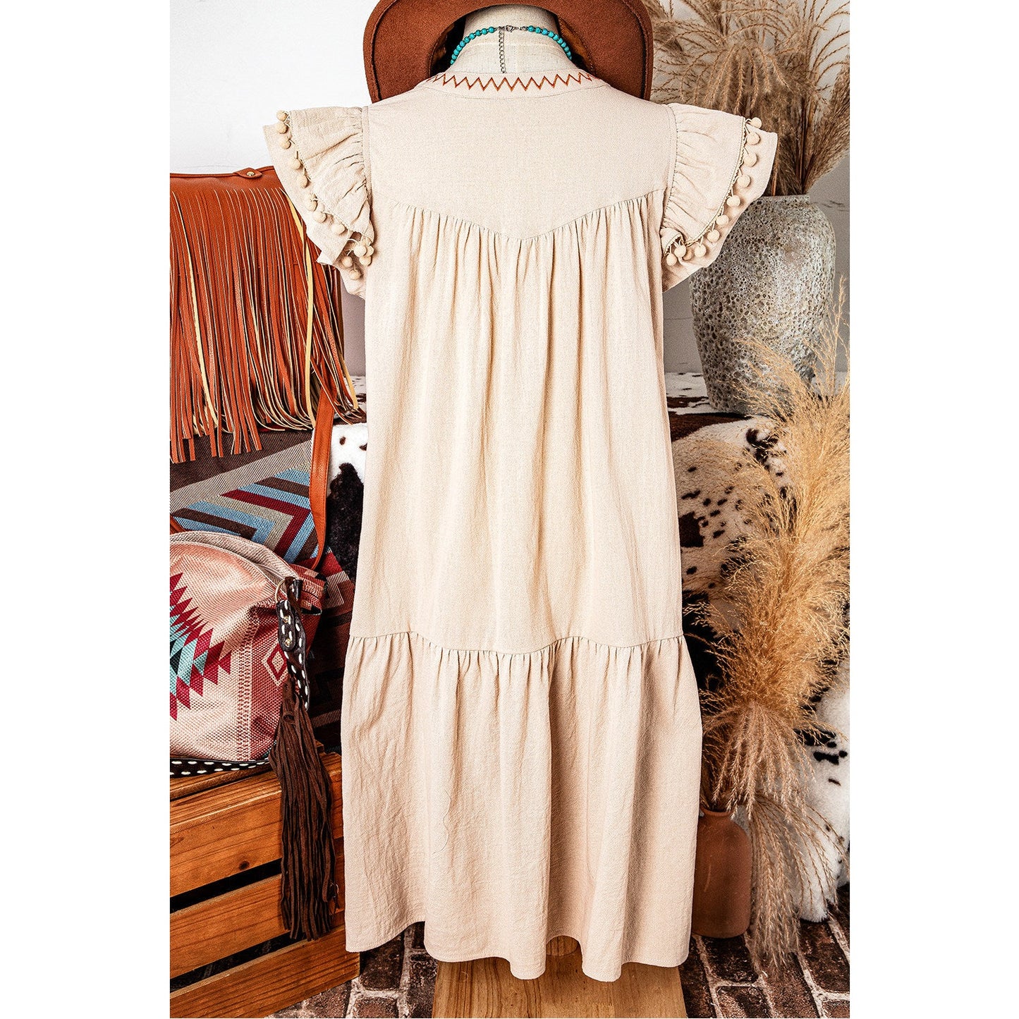 Maxine Linen Embroidery Split Neck Pom Pom Ruffle Sleeves Flowy Short Dress