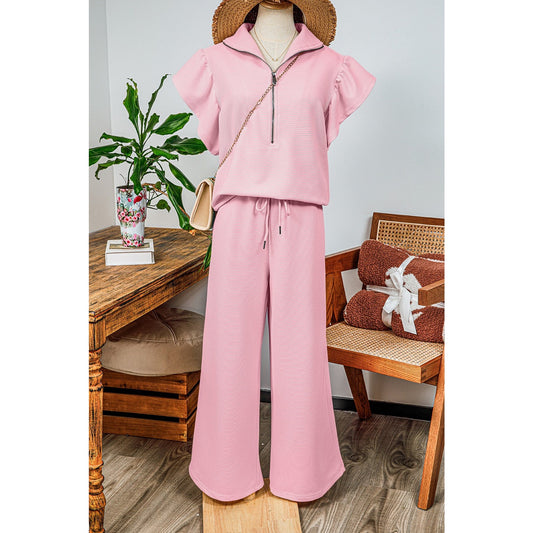 Melinda Pink Textured Ruffled Sleeve Zipped Top and Wide Leg Pants Set