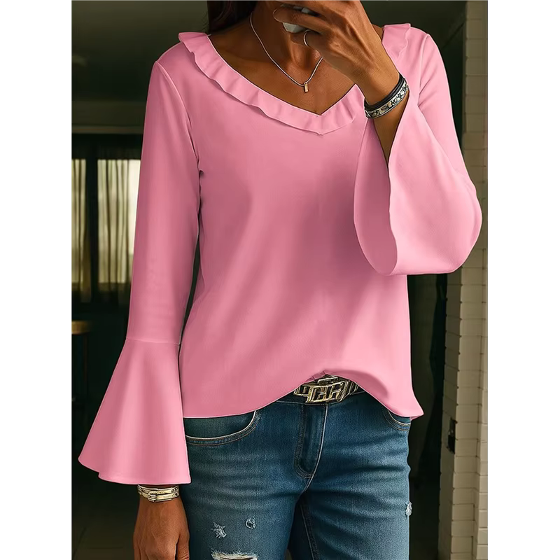 Melody Pink Ruffle 3/4 Sleeve Tops V Neck Top