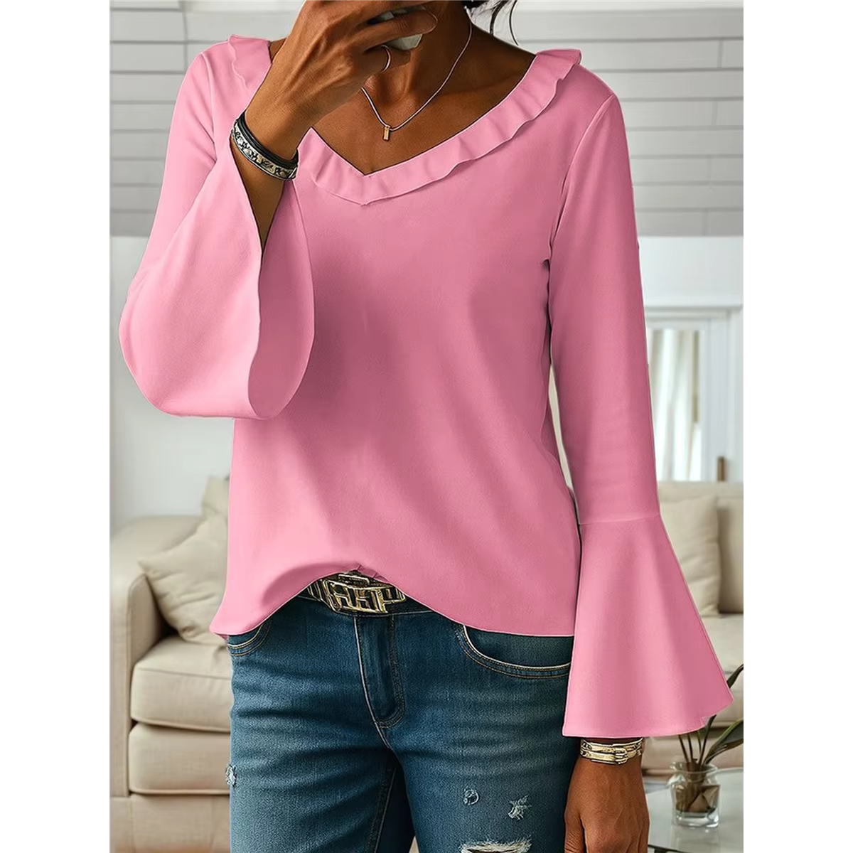 Melody Pink Ruffle 3/4 Sleeve Tops V Neck Top
