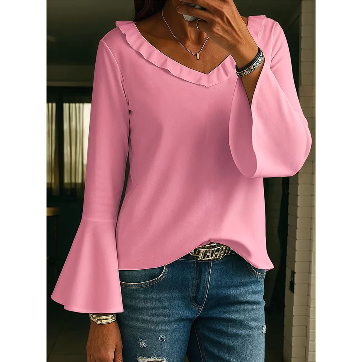 Melody Pink Ruffle 3/4 Sleeve Tops V Neck Top