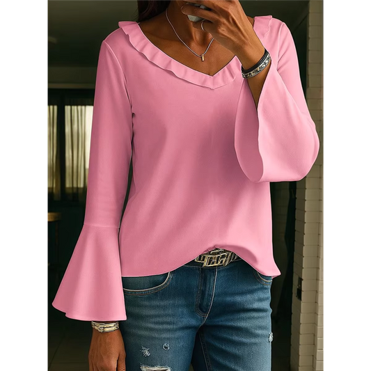 Melody Pink Ruffle 3/4 Sleeve Tops V Neck Top
