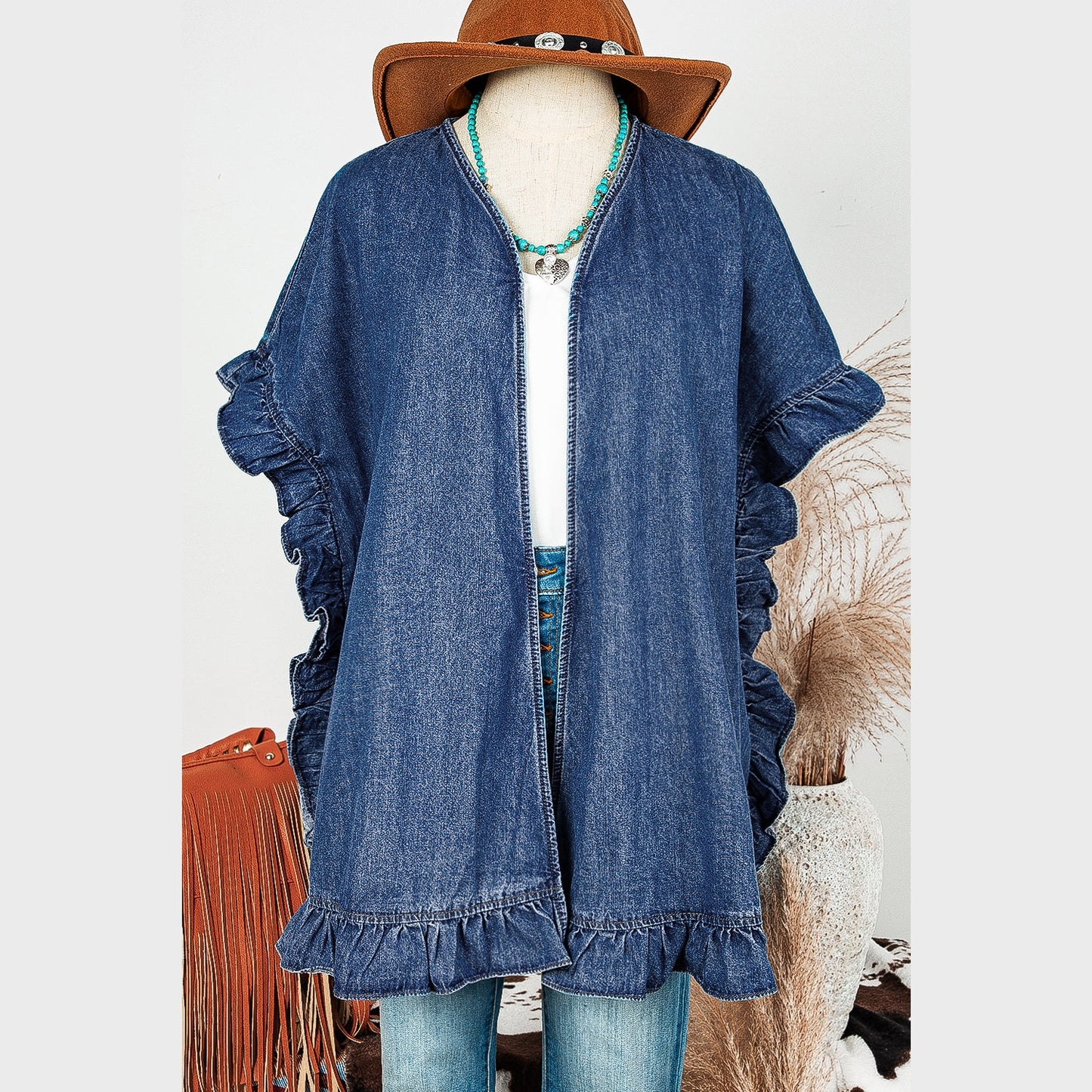 Merisha Dusk Blue Chambray Ruffle Hem Half Sleeve Open Loose Kimono