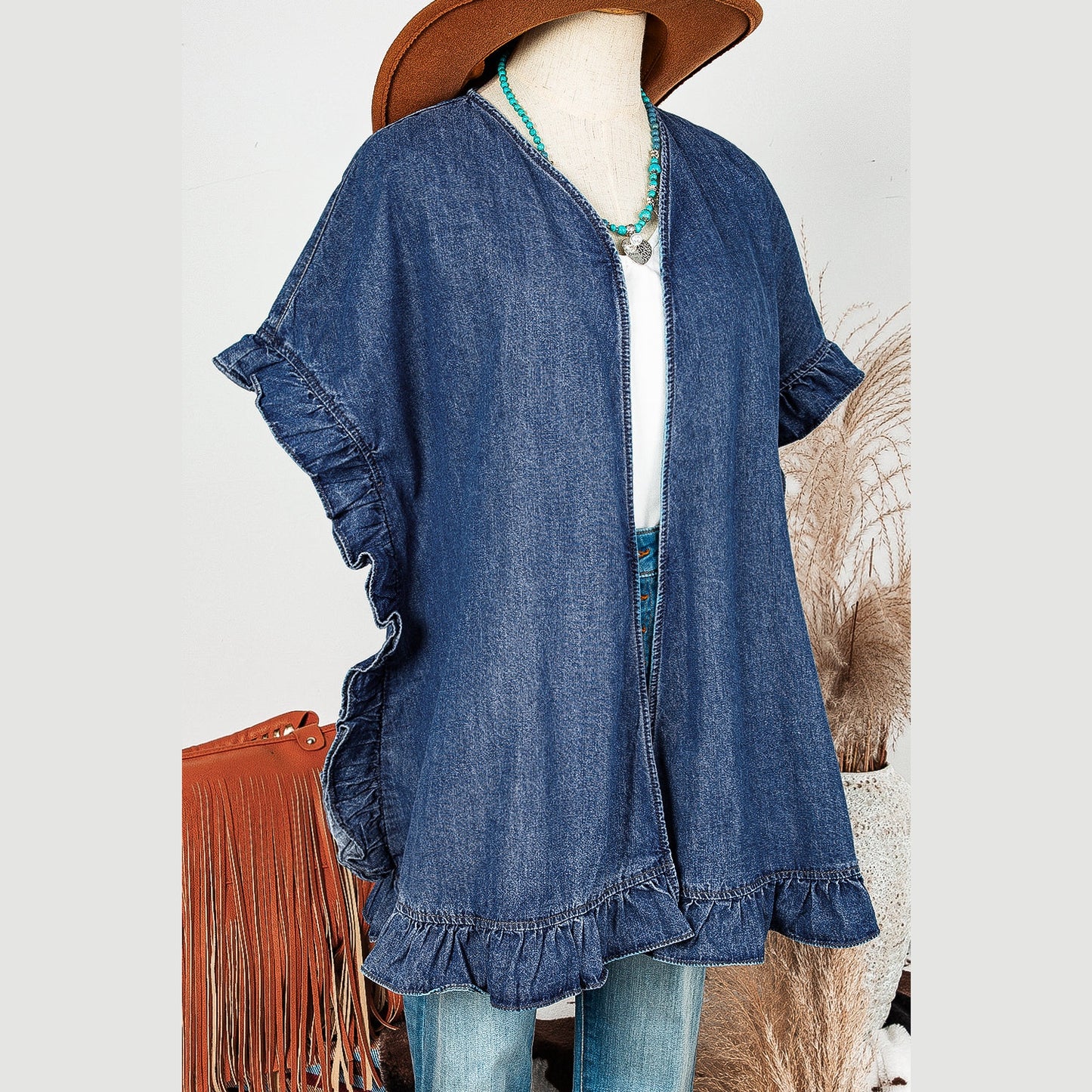 Merisha Dusk Blue Chambray Ruffle Hem Half Sleeve Open Loose Kimono