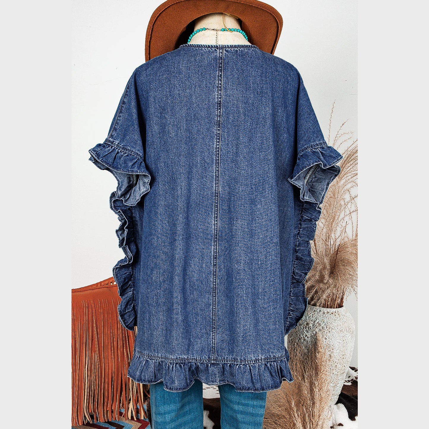 Merisha Dusk Blue Chambray Ruffle Hem Half Sleeve Open Loose Kimono